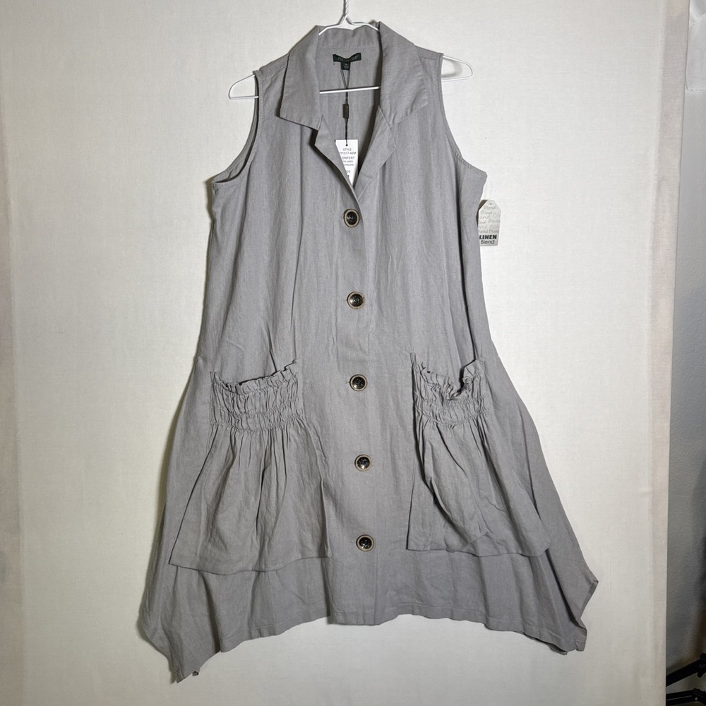 For Cynthia Womens Light Gray Sleeveless Button Front Shirt Dress Size M Pockets